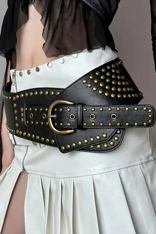 Black Retro Rivet Studded PU Leather Wide Waist Belt Other Accessories JT's Designer Fashion