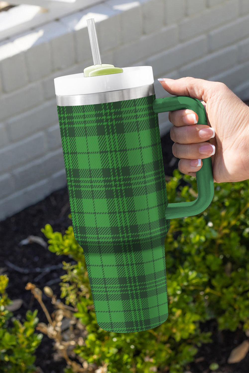 Dark Green Plaid Print Handle Stainless Vacuum Cup 1200ML Tumblers JT's Designer Fashion