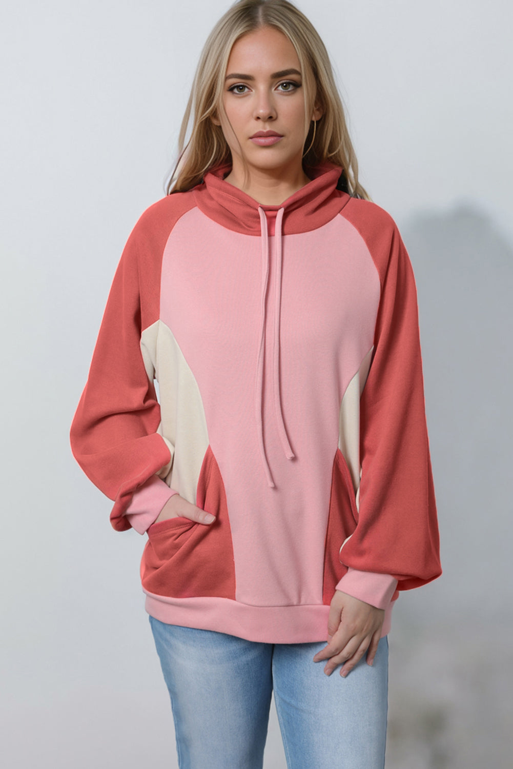 Pink Drawstring Pullover Pocketed Colorblock Sweatshirt Sweatshirts & Hoodies JT's Designer Fashion