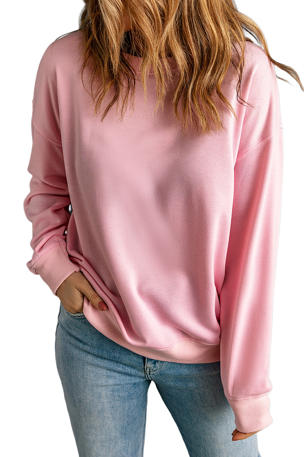 Pink Plain Crew Neck Pullover Sweatshirt Sweatshirts & Hoodies JT's Designer Fashion