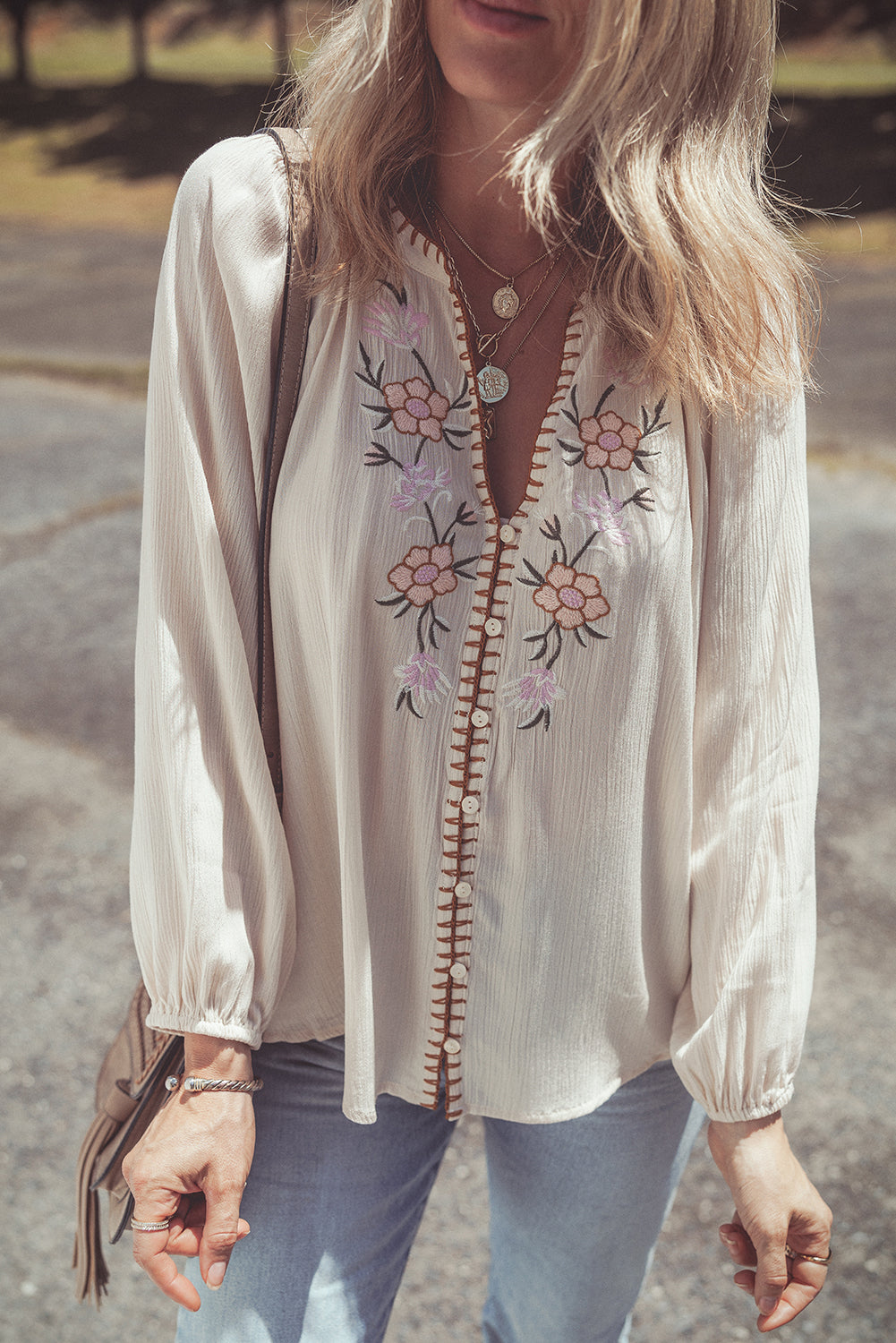 Beige Floral Embroidered Textured Puff Sleeve Loose Shirt Blouses & Shirts JT's Designer Fashion