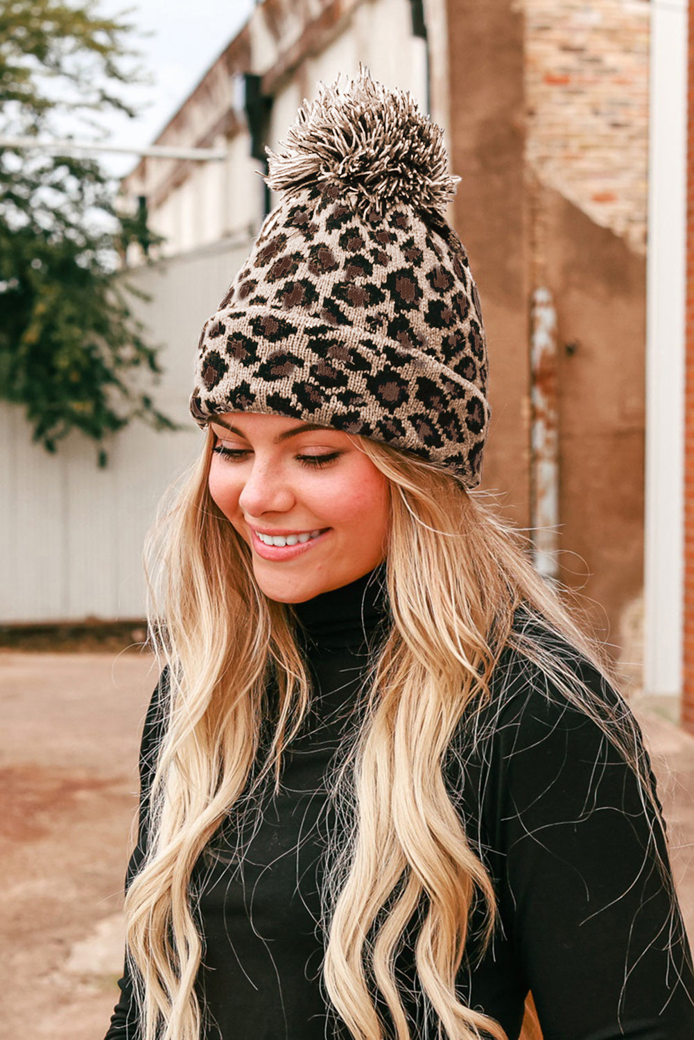 Brown Leopard Pattern Knit Pompom Hat Hats & Caps JT's Designer Fashion