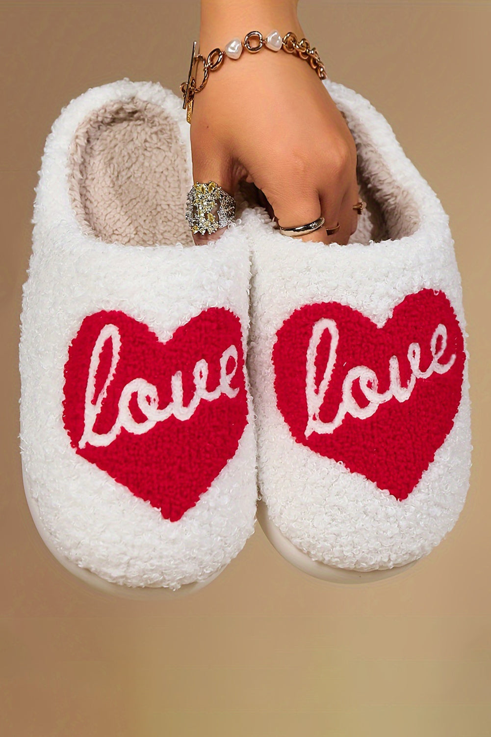 Fiery Red Valentine Love Heart Pattern Home Fuzzy Slippers Slippers JT's Designer Fashion