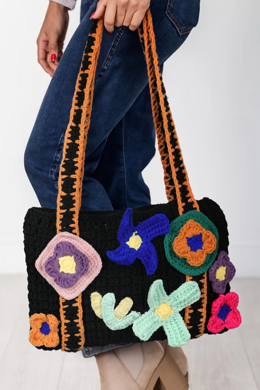 Black Flower Crochet Granny Knitted Tote Bag Handbags JT's Designer Fashion