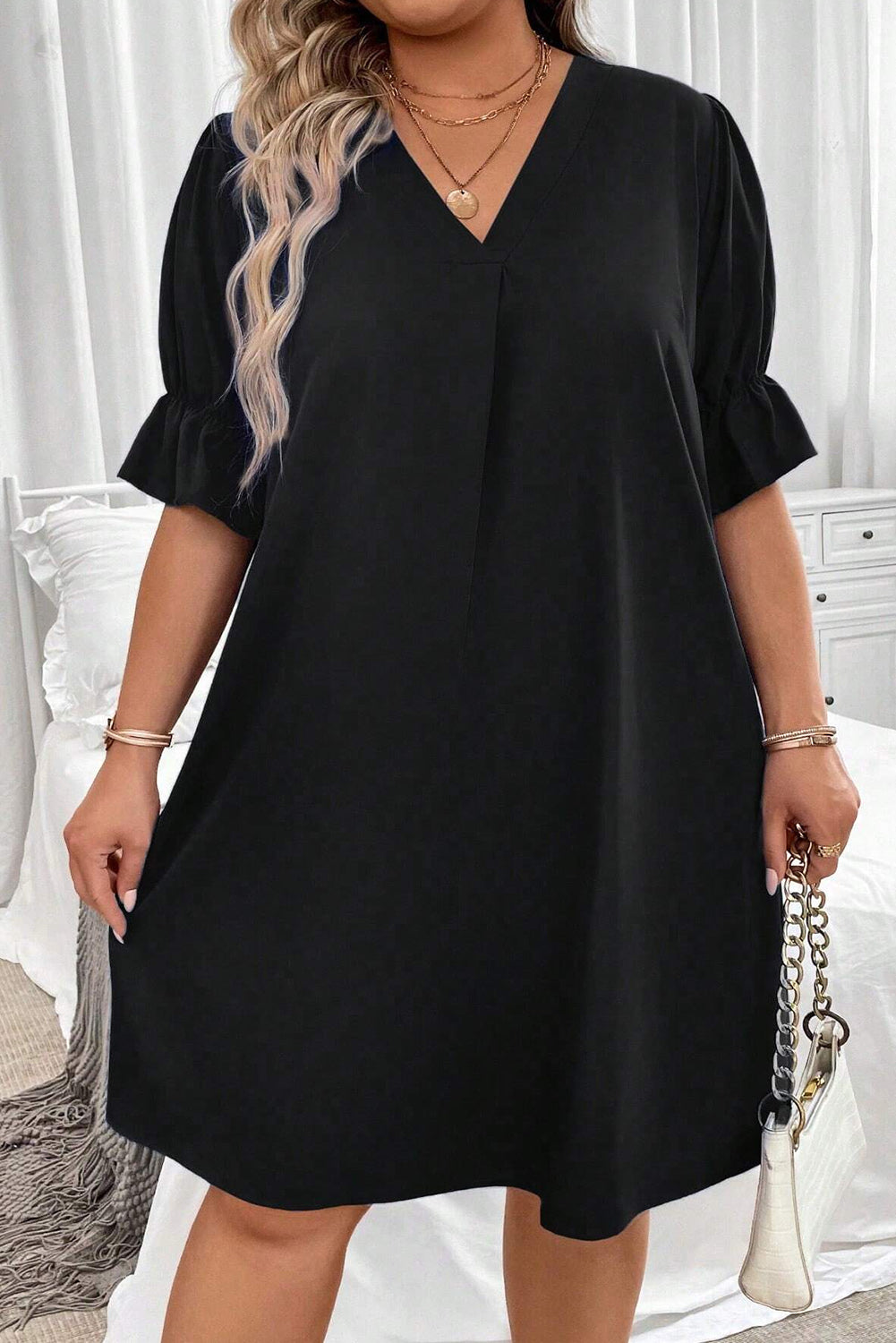 Black Solid Ruffled Puff Sleeve V Neck Plus Size Mini Dress Plus Size JT's Designer Fashion