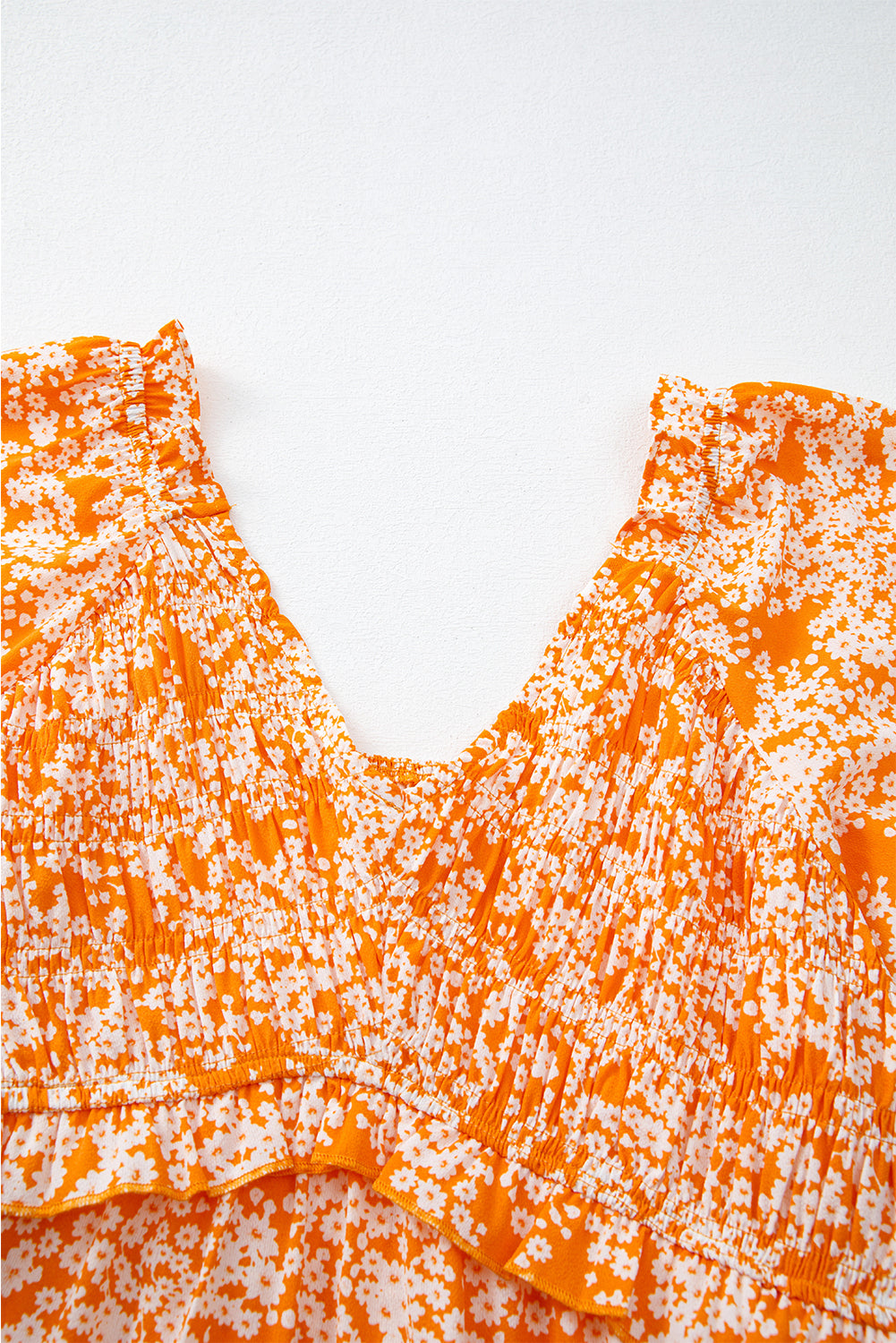 Orange Floral Print Smocked V Neck Wide Sleeve Maxi Dress Floral Dresses JT's Designer Fashion