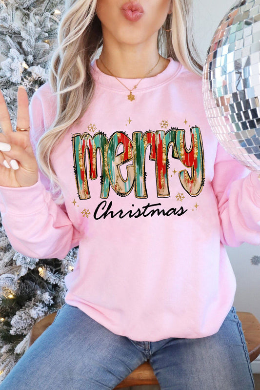 Pink Brushwork Merry Christmas Print Drop Shoulder Sweatshirt Pink 50%Polyester+50%Cotton Graphic Sweatshirts JT's Designer Fashion