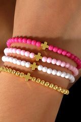 Gold Cross Beaded Multi Layered Elastic Bracelet Set Jewelry JT's Designer Fashion