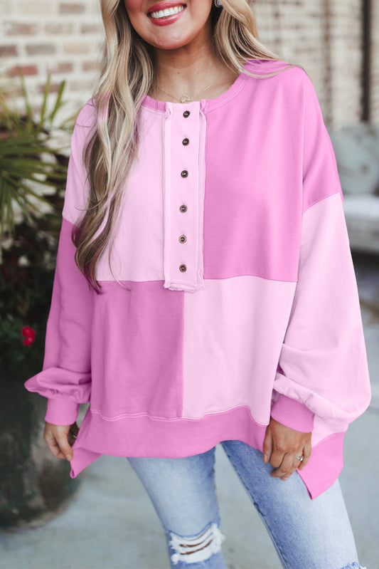 Pink Colorblock Henley High Low Oversize Sweatshirt Sweatshirts & Hoodies JT's Designer Fashion