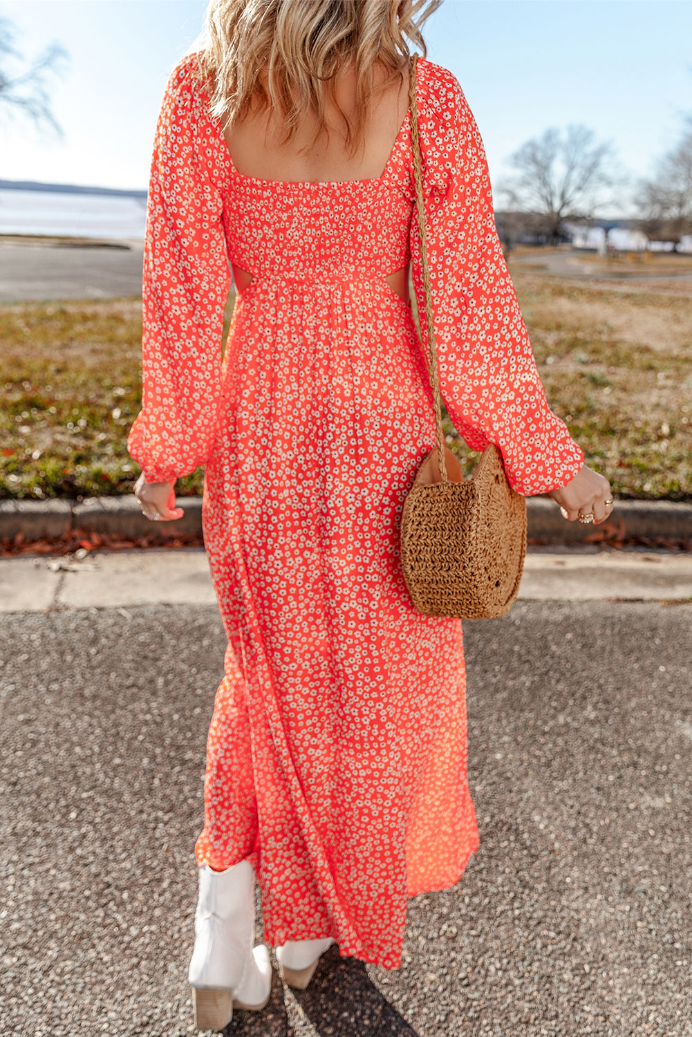 Red Floral Long Puff Sleeve V Neck Hollow Out Dress Floral Dresses JT's Designer Fashion