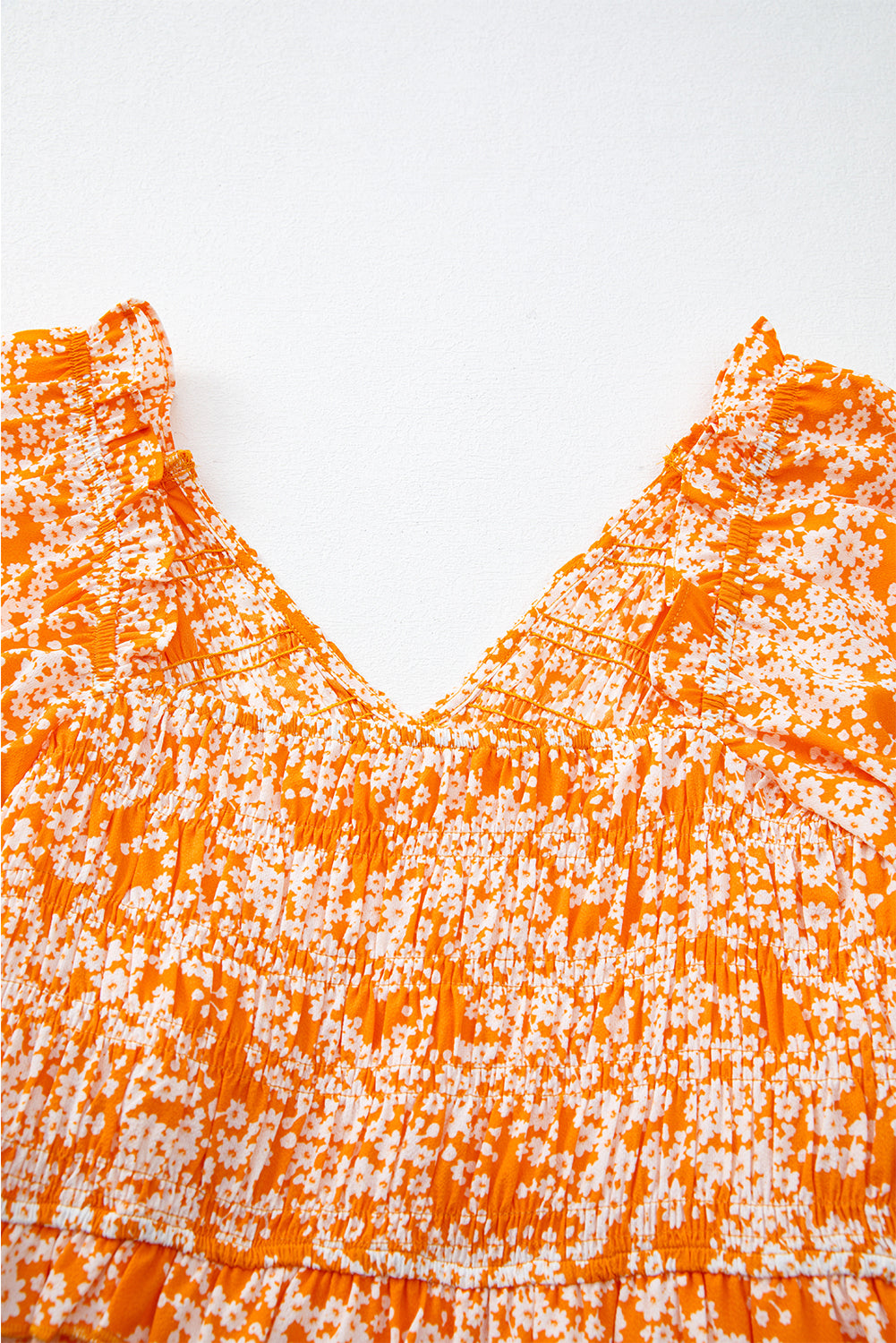 Orange Floral Print Smocked V Neck Wide Sleeve Maxi Dress Floral Dresses JT's Designer Fashion