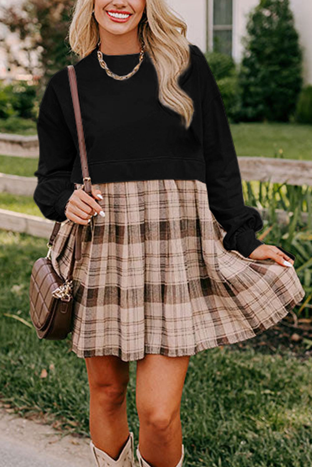 Black Plaid Patchwork High Waist Sweatshirt Mini Dress Mini Dresses JT's Designer Fashion