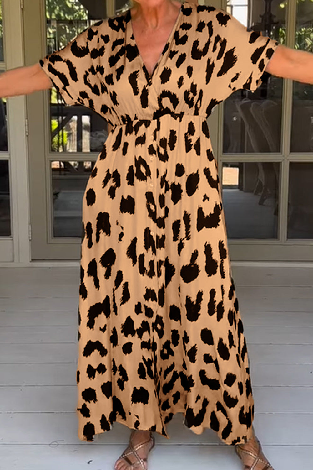 Khaki Leopard V Neck High Waist Buttoned Plus Maxi Dress Plus Size JT's Designer Fashion