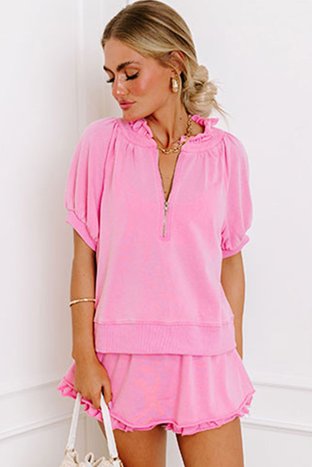 Pink Half Zip Puff Sleeve Top and Ruffled Shorts Set Short Sets JT's Designer Fashion