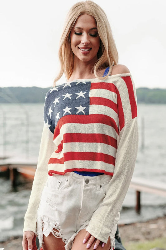 US Flag Boat Neck Long Sleeve Knit Top Ivory Long Sleeve Tops JT's Designer Fashion