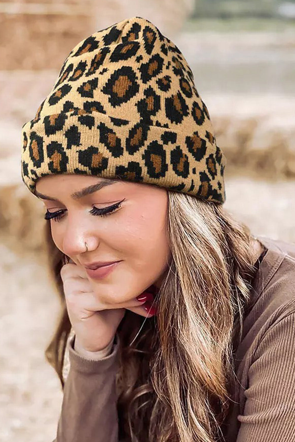 Brown Leopard Knitted Beanie Hat Hats & Caps JT's Designer Fashion