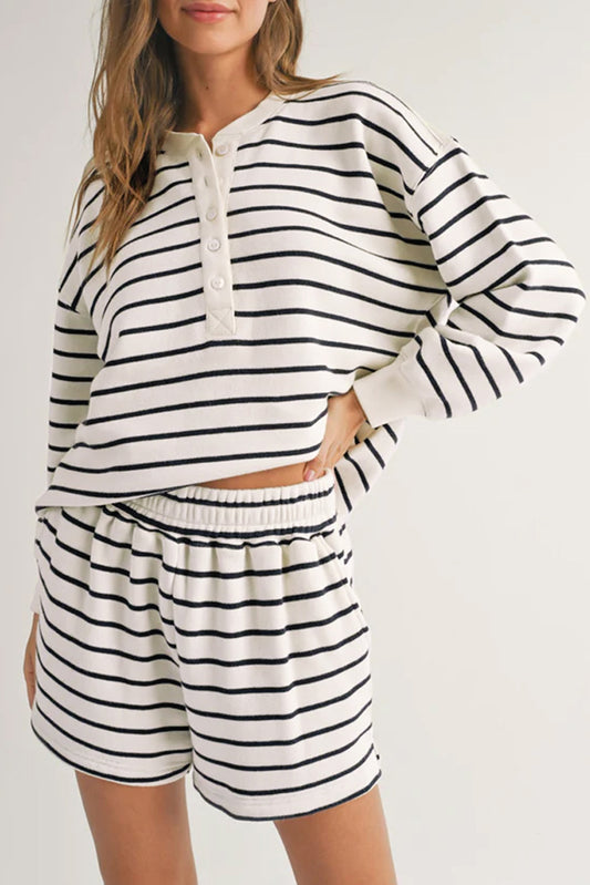 Black white Stripes Printed Half Button Long Sleeve Top and Shorts Set Short Sets JT's Designer Fashion