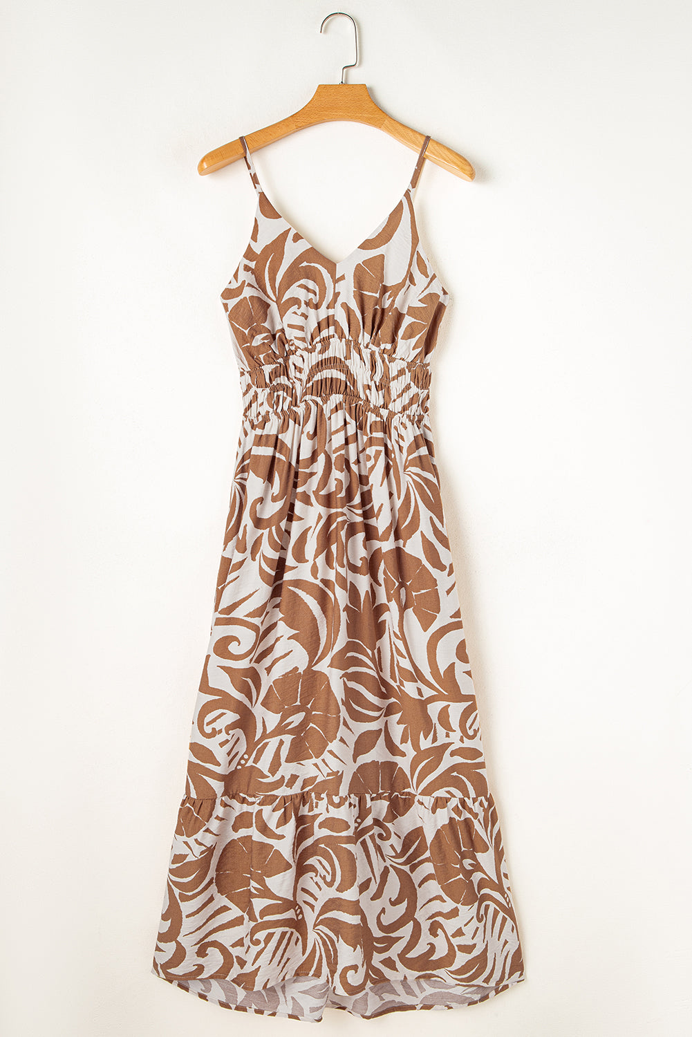 Khaki Floral Shirred High Waist Spaghetti Straps Maxi Dress Floral Dresses JT's Designer Fashion