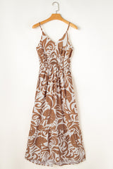 Khaki Floral Shirred High Waist Spaghetti Straps Maxi Dress Floral Dresses JT's Designer Fashion