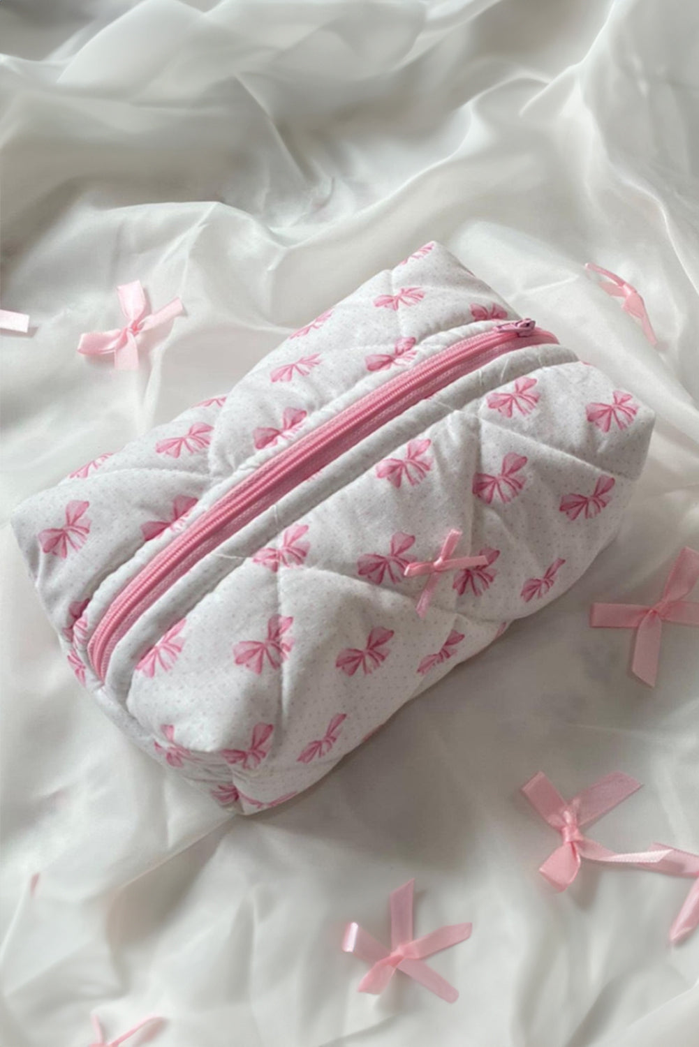 Pink Bow Knot Quilted Zipper Makeup Bag Makeup Bags JT's Designer Fashion