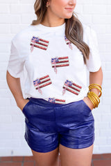 White Sequin Bow American Flag Patched T Shirt Graphic Tees JT's Designer Fashion