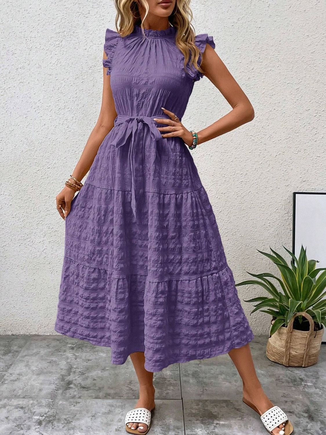 Tied Ruffled Cap Sleeve Midi Dress Purple Midi Dresses JT's Designer Fashion