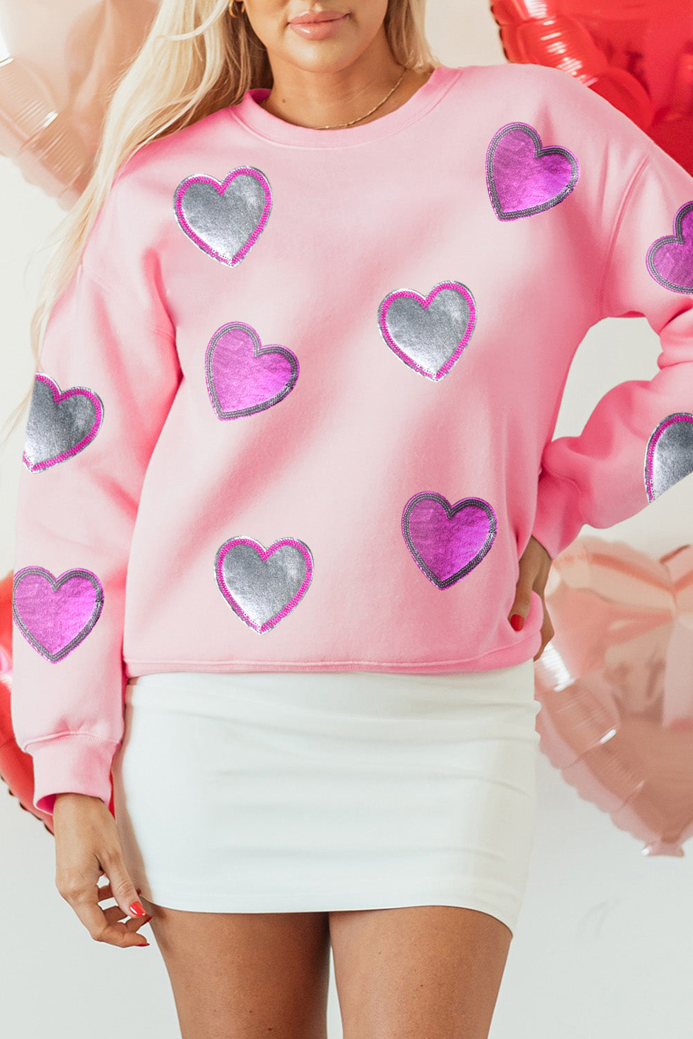 Pink Valentines Heart Patched Drop Shoulder Sweatshirt Graphic Sweatshirts JT's Designer Fashion