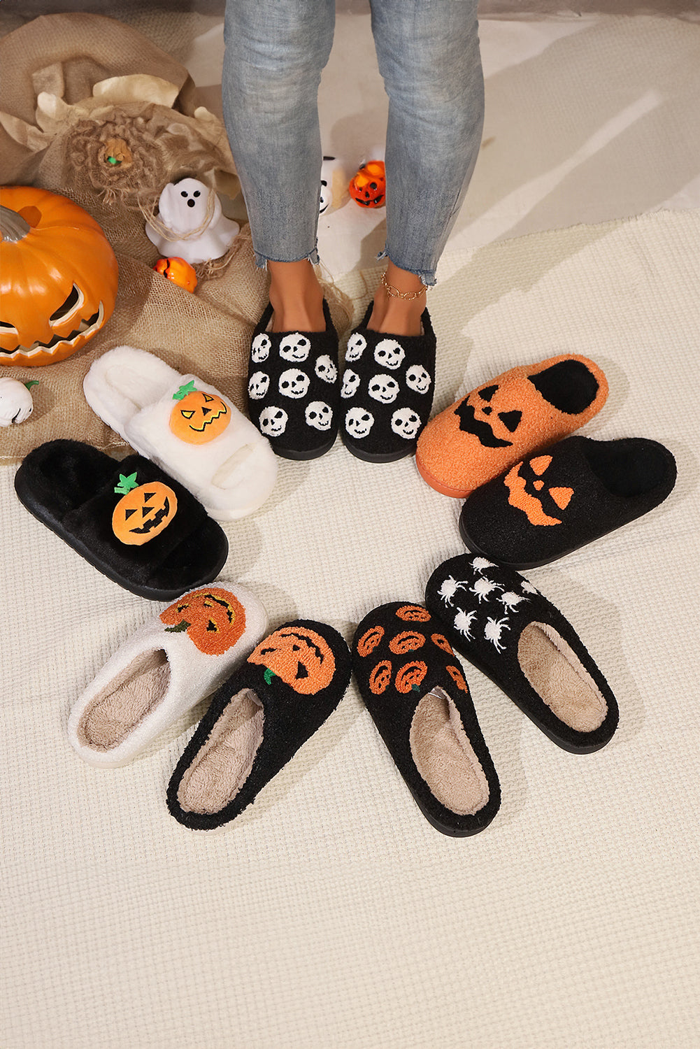 White Halloween Pumpkin Print Plush Slippers Slippers JT's Designer Fashion