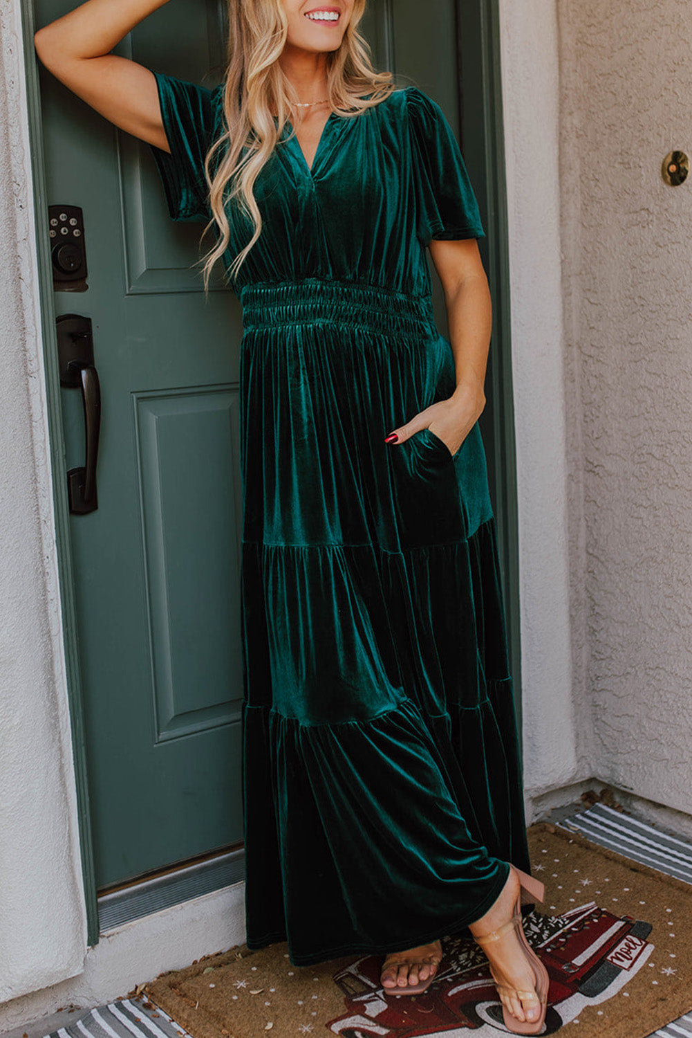 Evergreen Velvet Short Sleeve Shirred Waist Tiered Maxi Dress Evergreen 95%Polyester+5%Elastane Maxi Dresses JT's Designer Fashion