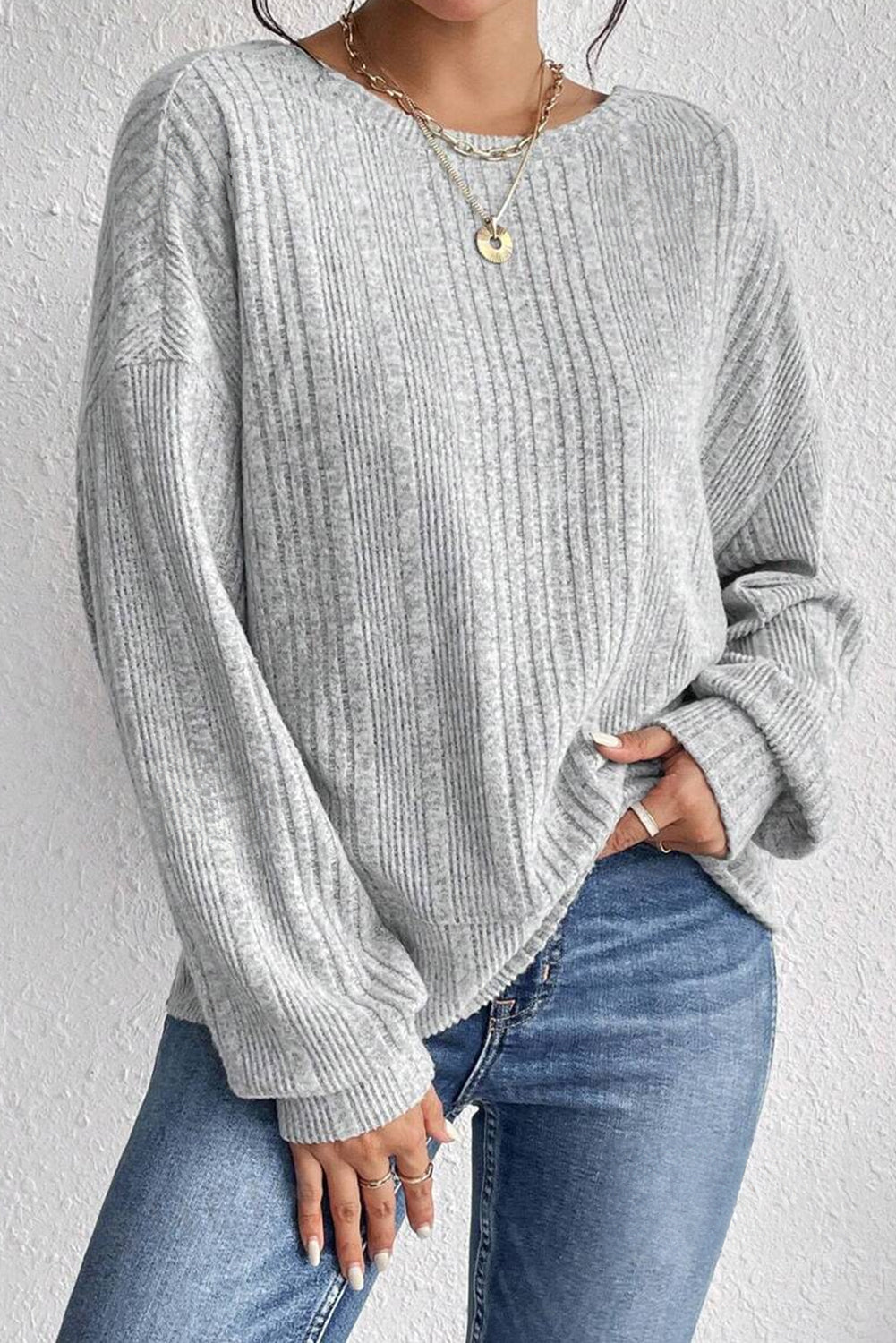 Light Grey Textured Crossover Backless Knit Long Sleeve Top Long Sleeve Tops JT's Designer Fashion