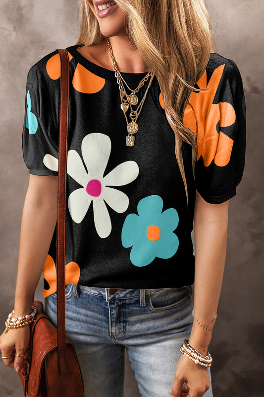 Black Flower/Bowknot Print Bubble Sleeve Tee Tops & Tees JT's Designer Fashion