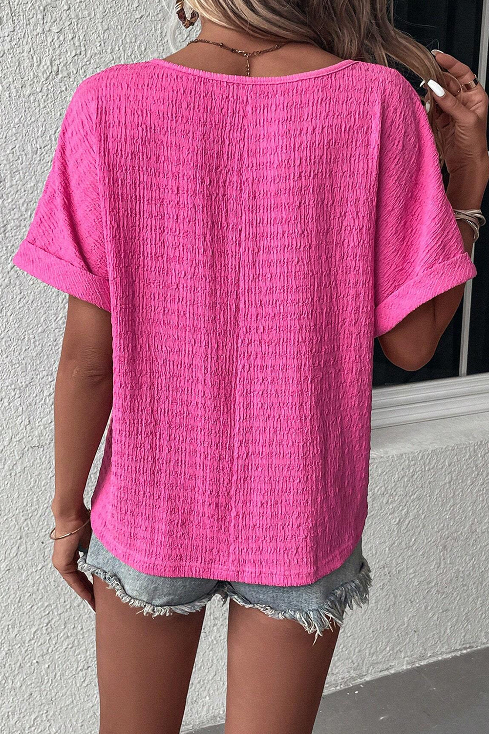 Bright Pink Plus Size Textured Folded Sleeve V Neck T Shirt Plus Size JT's Designer Fashion