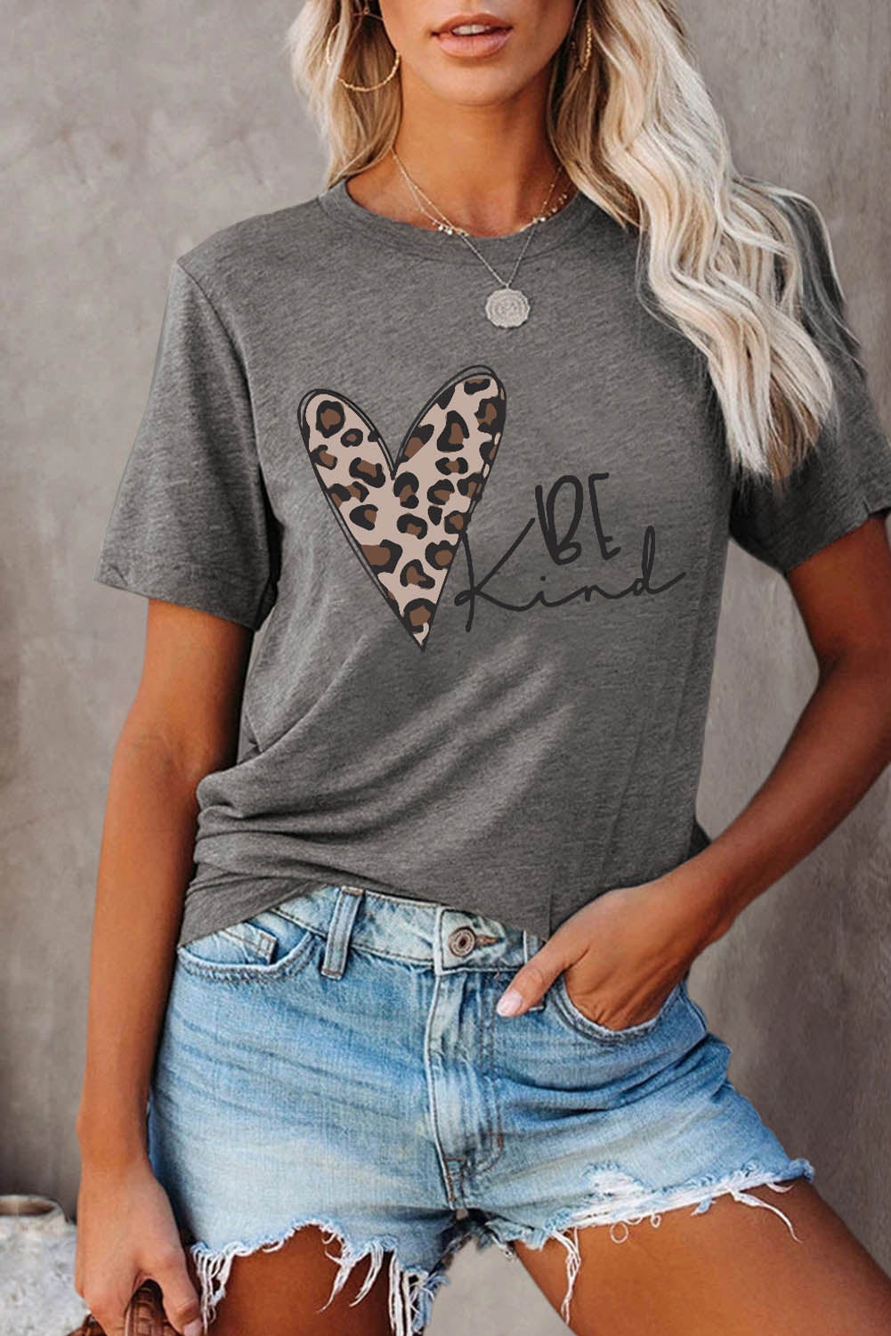 Gray Leopard Heart Be Kind Graphic Tee Gray Cotton Blends Graphic Tees JT's Designer Fashion