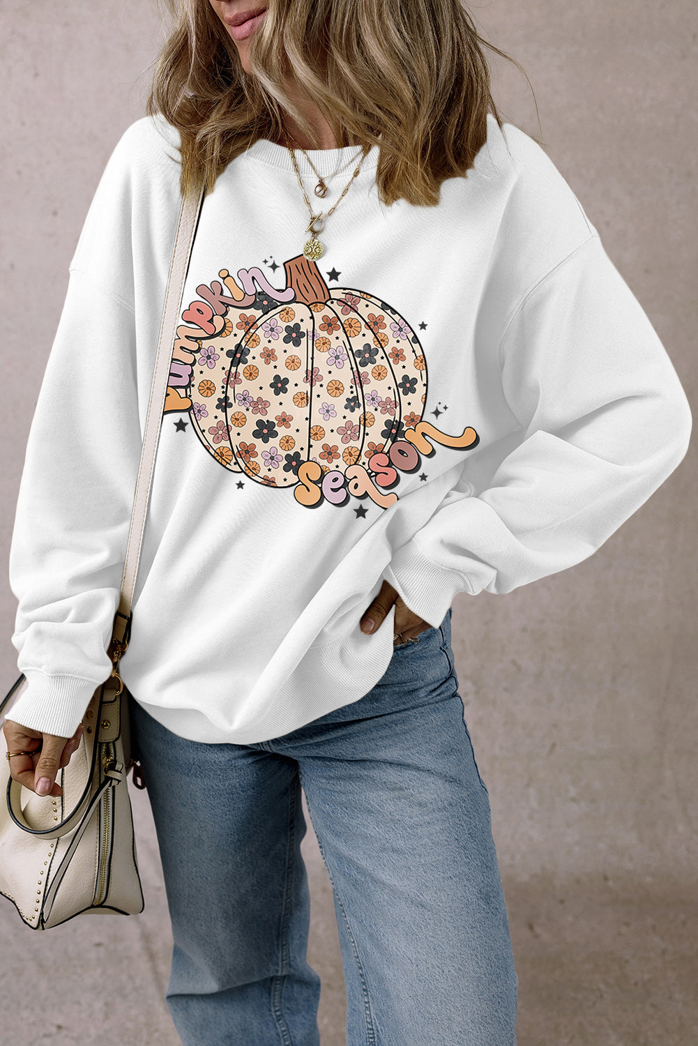 White Floral Pumpkin Season Graphic Loose Sweatshirt Graphic Sweatshirts JT's Designer Fashion