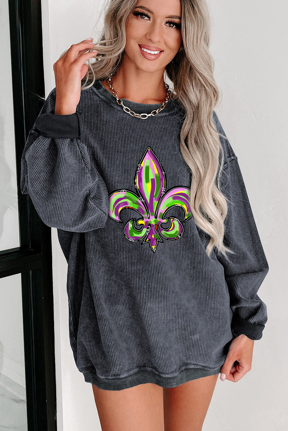 Gray Mardi Gras Symbol Heat Transfer Corded Pullover Sweatshirt Graphic Sweatshirts JT's Designer Fashion