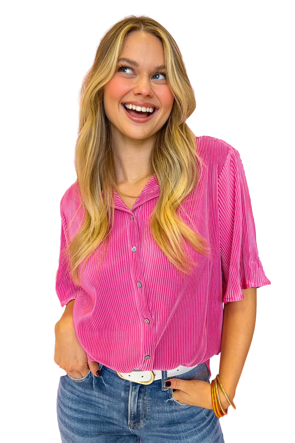 Bright Pink Satin Pleated Short Sleeve Shirt Blouses & Shirts JT's Designer Fashion