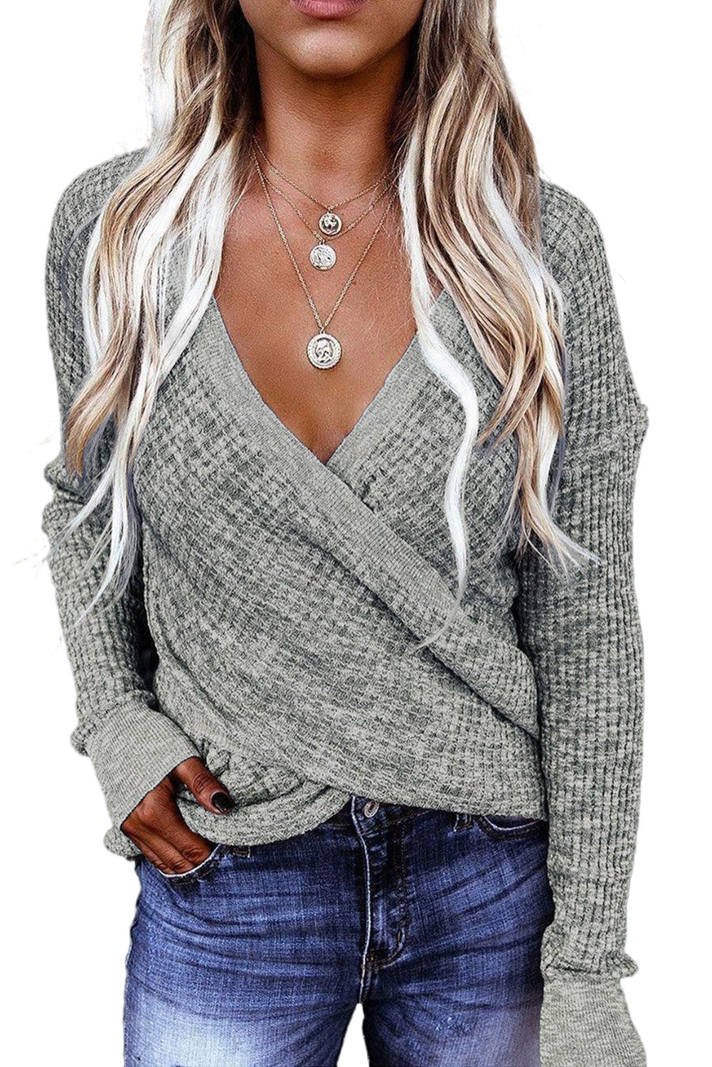 Gray Black/Pink/Gray/Khaki/Apricot Wrap V Neck Waffle Sweater Sweaters & Cardigans JT's Designer Fashion