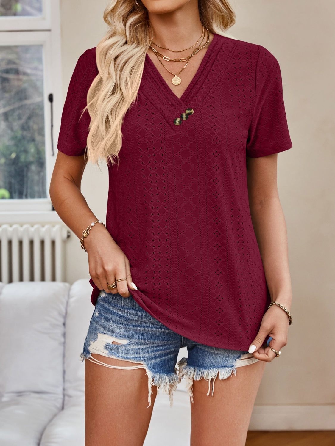 Eyelet V-Neck Short Sleeve Top Burgundy Tops JT's Designer Fashion