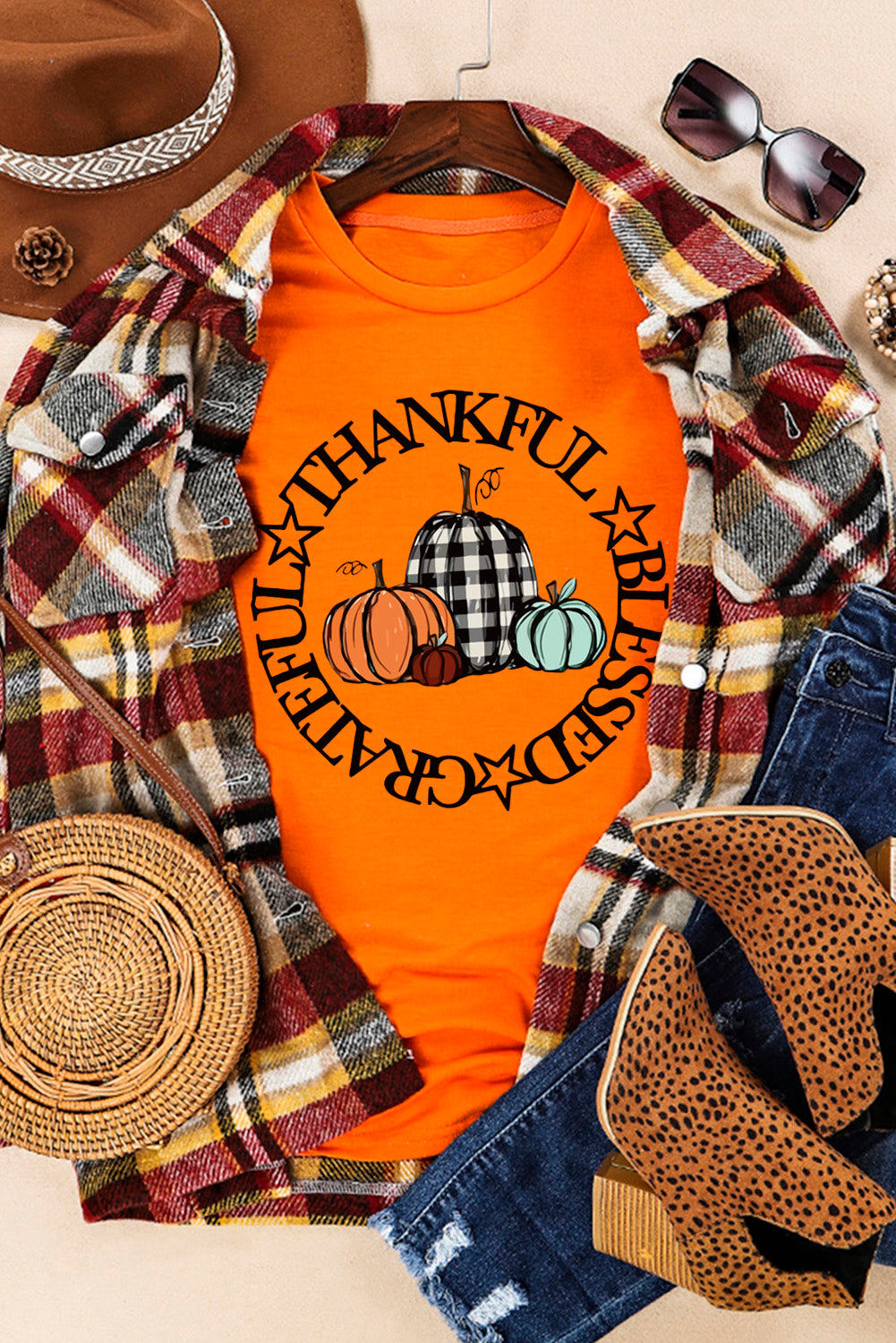 Orange Thankful Blessed Grateful Pumpkin Graphic T Shirt Graphic Tees JT's Designer Fashion