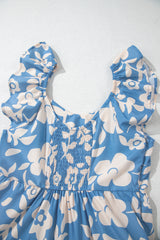 Sky Blue Floral U Neck Flutter Shoulder Tiered Flowy Midi Dress Floral Dresses JT's Designer Fashion