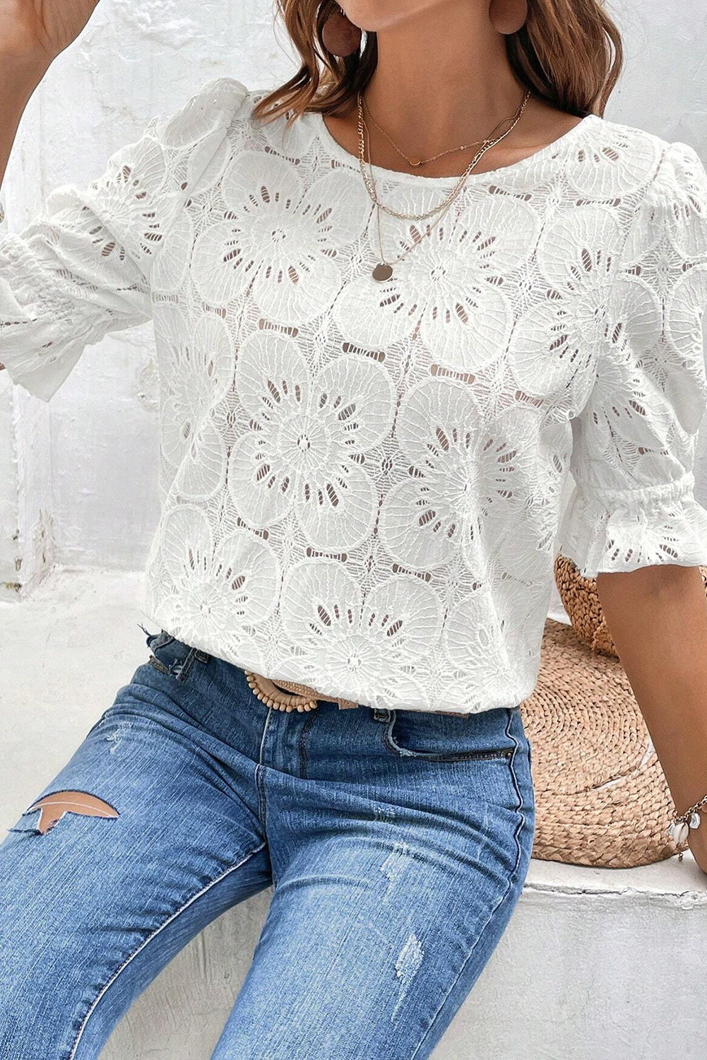 White Flower Eyelet Jacquard Keyhole Flounce Sleeve Top Pre Order Tops JT's Designer Fashion