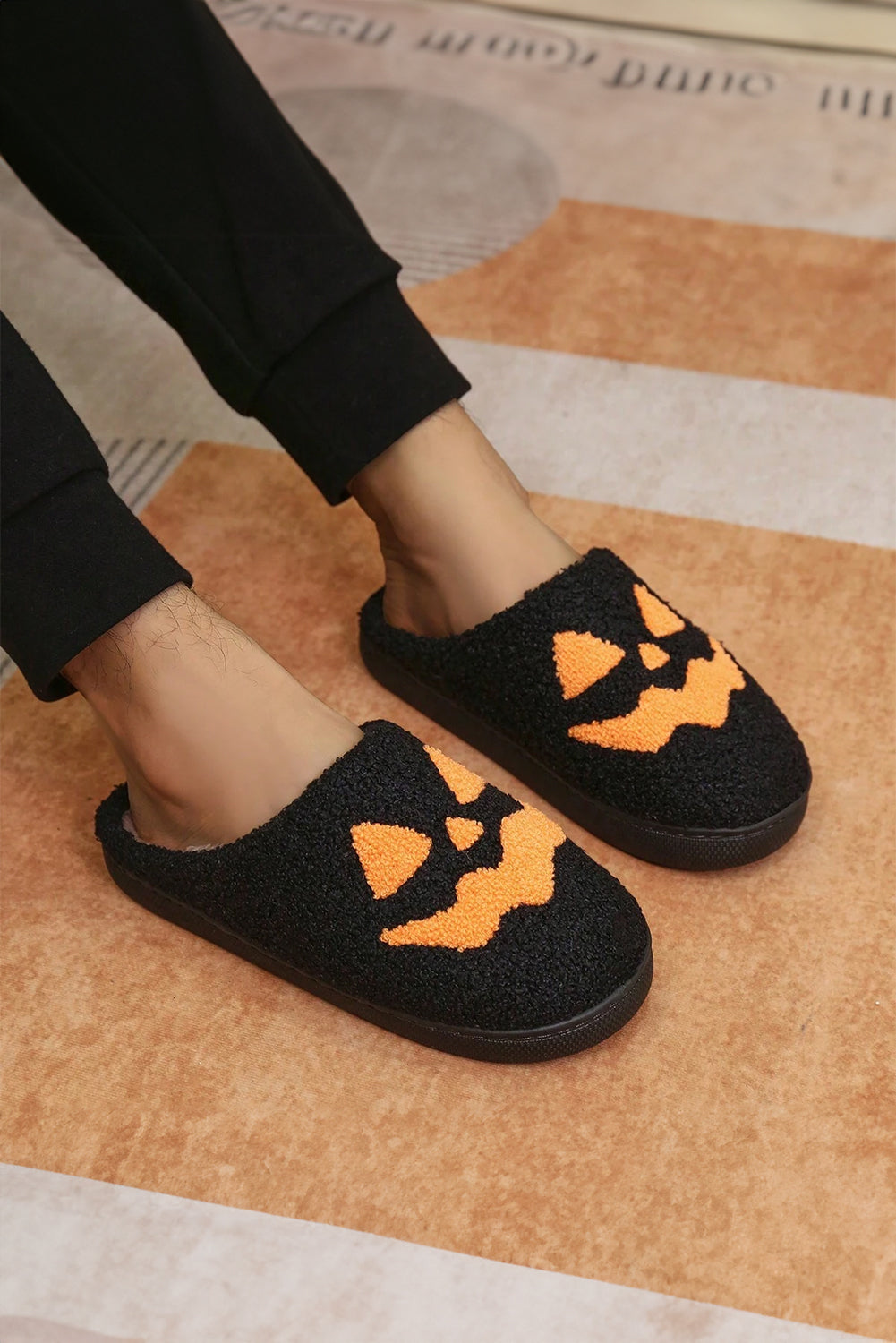 Black Halloween Pumpkin Face Graphic Plush Slippers Slippers JT's Designer Fashion