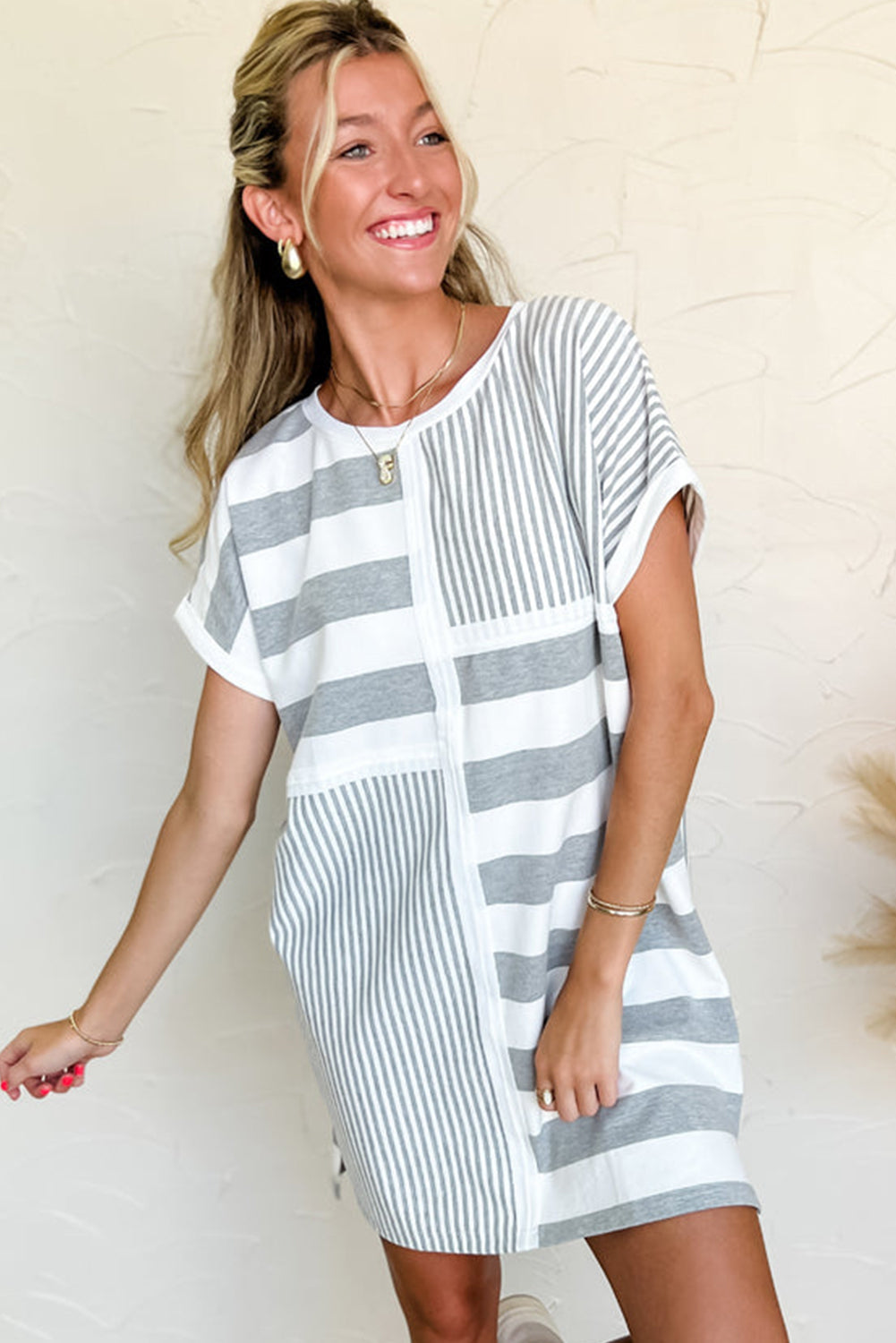 Gray Stripe Mixed Printed Short Sleeve Shift Mini T Shirt Dress T Shirt Dresses JT's Designer Fashion