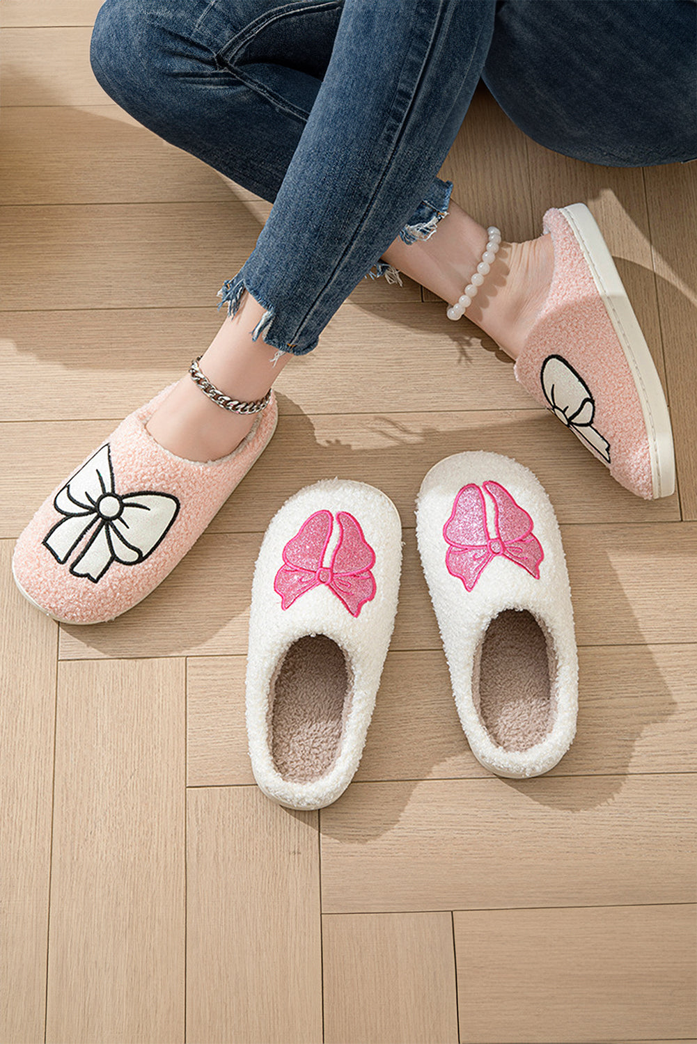 White Cute Bowknot Pattern Plush Valentines Slippers Slippers JT's Designer Fashion