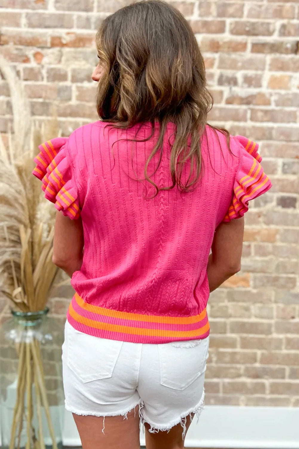 Sachet Pink Striped Trim Ruffle Sleeve Summer Sweater Top Pre Order Sweaters & Cardigans JT's Designer Fashion