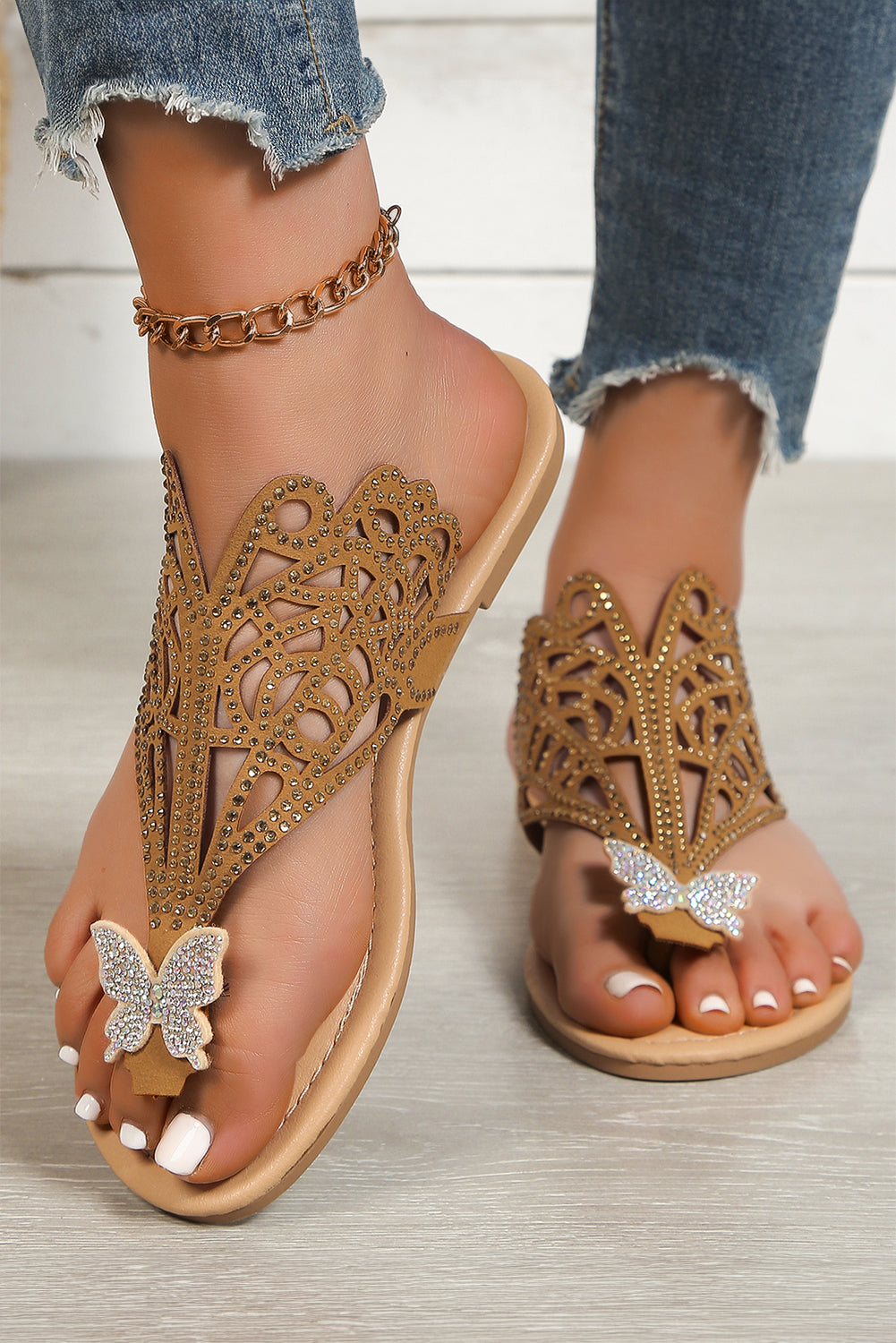 Brown Rhinestone Hollow Out Butterfly Open Toe Slippers Slippers JT's Designer Fashion