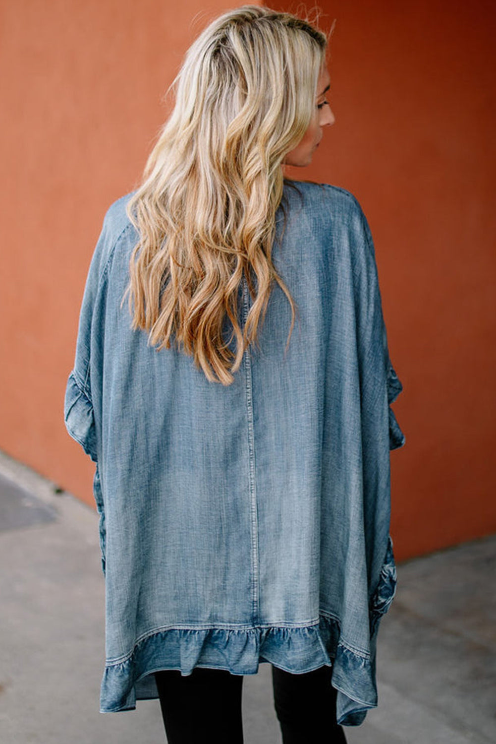 Dusk Blue Chambray Ruffle Hem Half Sleeve Open Loose Kimono Kimonos JT's Designer Fashion