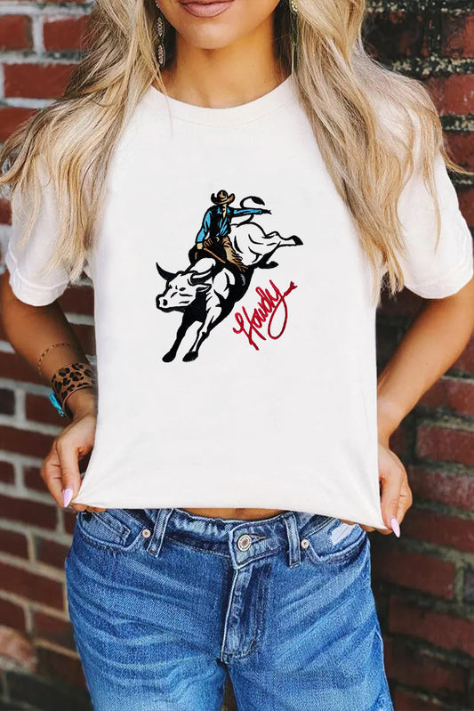 White Cowboy Howdy Embroidered Western Fashion T Shirt Graphic Tees JT's Designer Fashion