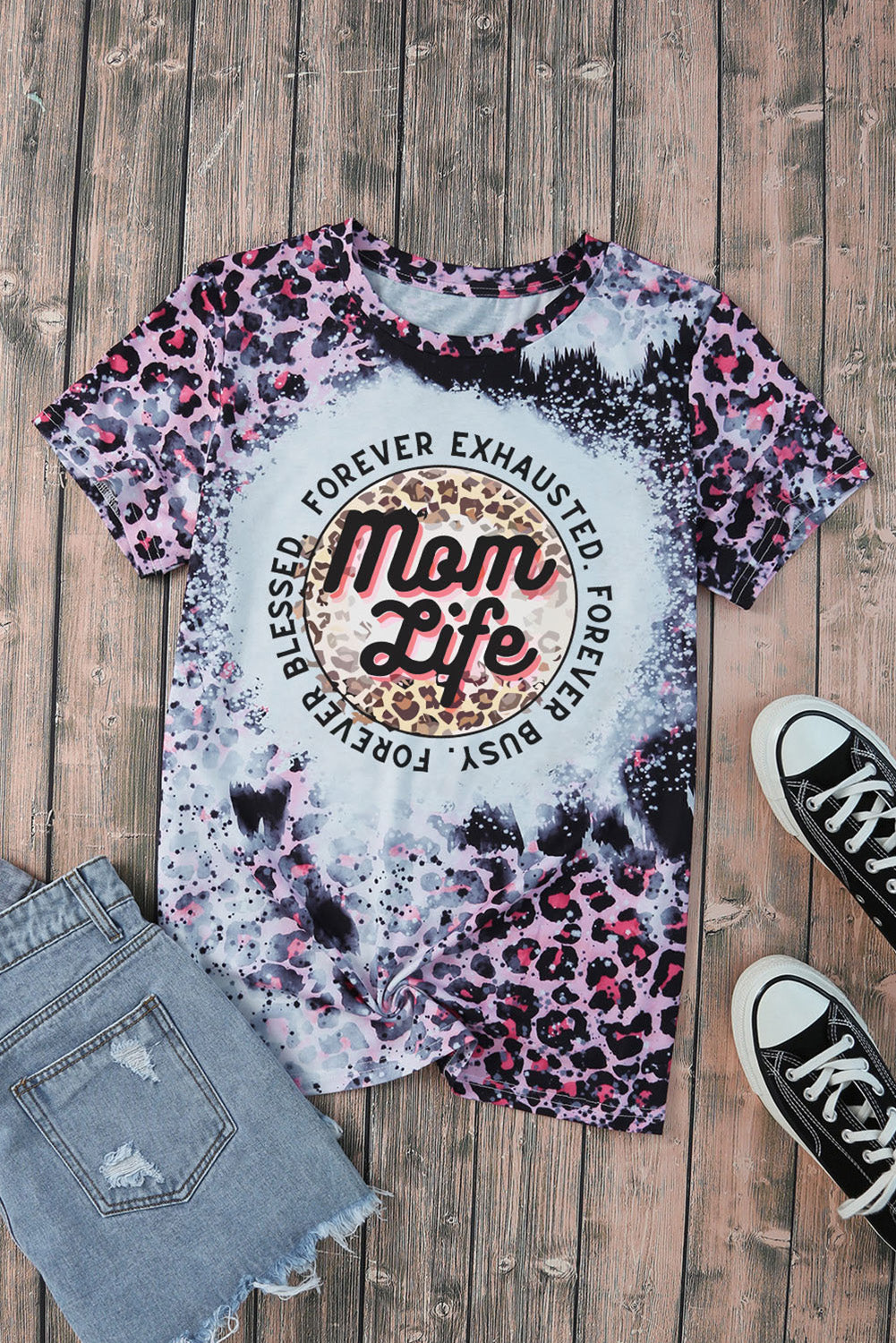 Pink Mom Life Slogan Leopard Bleached Graphic Tee Graphic Tees JT's Designer Fashion