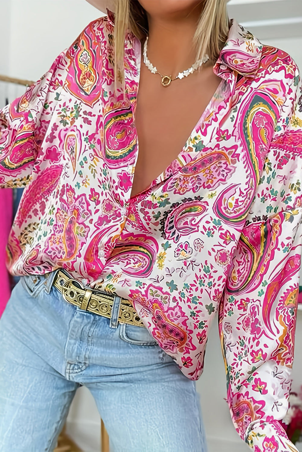 Pink Floral Paisley Printed Casual Shirt Blouses & Shirts JT's Designer Fashion